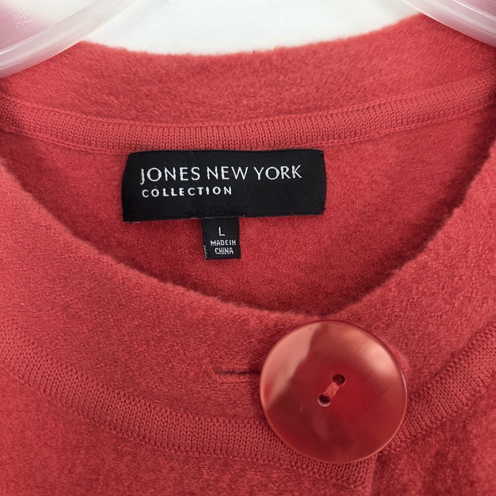 Jones Of New York 100% Merino Wool Orange Artsy 3/4 Puff Sleeve Cardigan Sz Lrg - Picture 8 of 16